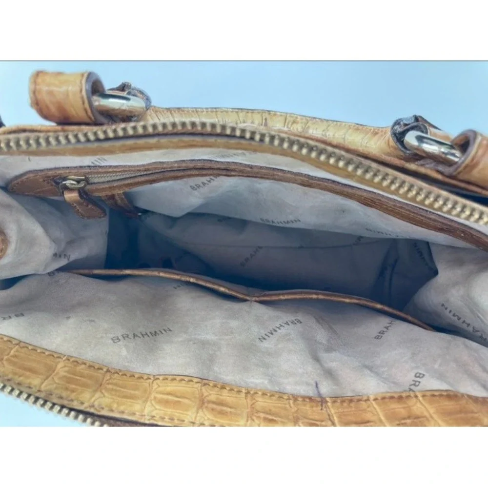 Brahmin Pecan Croc Embossed Leather Satchel Handbag‎ Tan Zip Top Small Tote